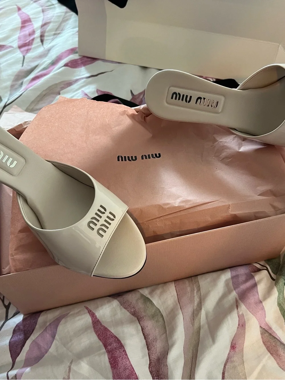 Miu Miu Cream Patent Leather Open-Toe Mules